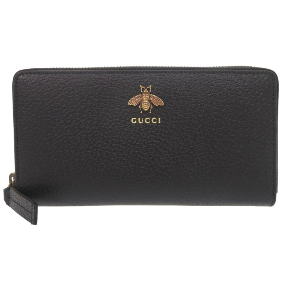 Gucci Animalier 523667 Leather Black Round Zip Long Wallet 0966GUCCI